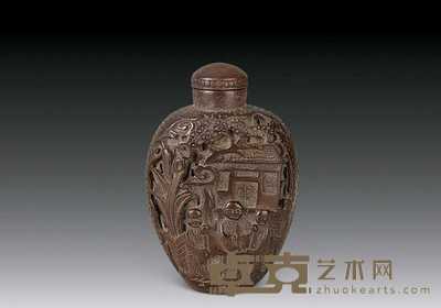 清 黄杨木刻松鹤人物鼻烟壶 高7cm